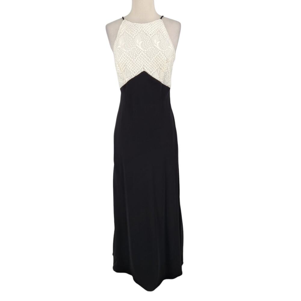 VNTG 90s Y2K Scott McClintock Pearlescent Lace Chiffon Column Dress Black White